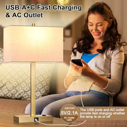 21" Touch Bedside lamps with 2 USB & AC Outlets, 3-Way Dimmable Bedside Table Lamps Set of 2 for Bedroom Living Room Office Reading, White Shade Lamps for Night Stands, 2700K LED Bulbs Included - color: (2 Pack)White Linen & Brass (Base)-2700K Bulbs Inclu