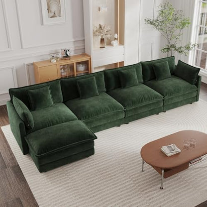 Modular Sectional Sofa, 146.5 Inch L Shaped Couch Set for Living Room, 4-Seater Comfy Cloud Couches with Movable Ottoman, DIY Combination, Chenille, Evergreen - color: Evergreen, size: 146.5 Inch- L