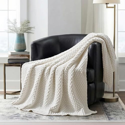 EVERGRACEHOME Chunky Chenille Knit Throw Blanket, 50 x 60, Bright White | Sculpted Moss Stitch, Chic Modern Farmhouse, All-Season Warmth, OEKO-TEX® Certified, Elegant Blanket for Couch, Bed, Sofa - color: Bright White, size: 50" X 60"