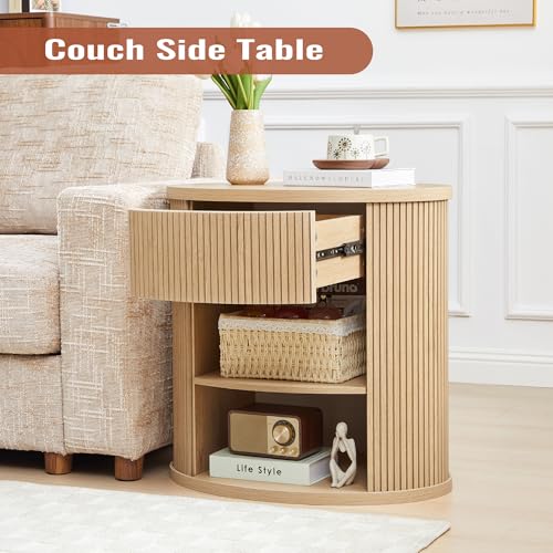 Fluted End Table with Drawer, Boho Side Table with Storage, Mid Century Modern Nightstand for Bedroom Bedside, Living Room Couch Sofa, Office, Desk Side Table for Small Spaces - color: Oval-natural