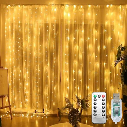 300 LED Curtain String Lights, Fairy String Lights with 8 Light Modes & Remote Controlled, 9.8x9.8ft Indoor Outdoor String Lights for Christmas, Weddings, Party, Bedroom, Wall, Window (Warm white) - color: Copper Wire-Warm white