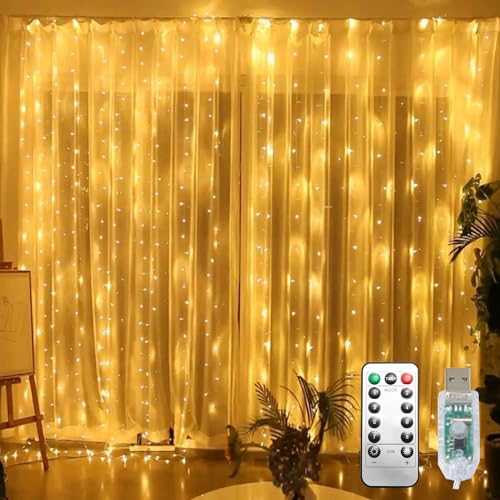 300 LED Curtain String Lights, Fairy String Lights with 8 Light Modes & Remote Controlled, 9.8x9.8ft Indoor Outdoor String Lights for Christmas, Weddings, Party, Bedroom, Wall, Window (Warm white) - color: Copper Wire-Warm white