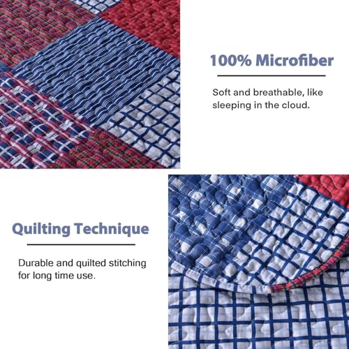 Ycosy Plaid Quilt Set King Size Country Patchwork Bedding Set Lightweight Reversible Bedspread Coverlet Set Red Blue Pliad Quilts Soft Home Collections with 2 Pillow Shams - color: Red Plaid Quilt, size: King