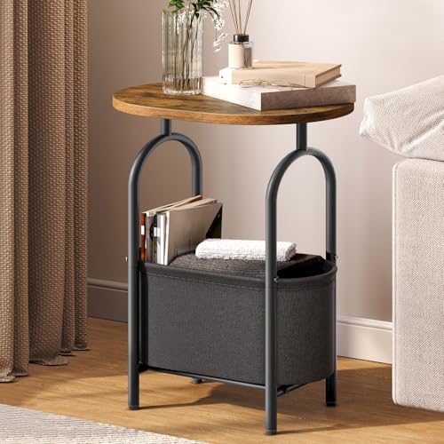 Small Round Side Table with Fabric Basket Storage, Oval End Table for Small Spaces, Modern Coffee Bedside Table, Couch Side Table for Living Room, 15.7" X 11.8" X 24", Rustic Brown 8601BZBF - color: Rustic Brown and Black