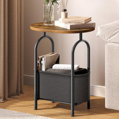Small Round Side Table with Fabric Basket Storage, Oval End Table for Small Spaces, Modern Coffee Bedside Table, Couch Side Table for Living Room, 15.7" X 11.8" X 24", Rustic Brown 8601BZBF - color: Rustic Brown and Black
