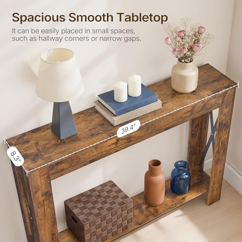 Farmhouse Console Table, 39.4'' Small Narrow Entryway Table, Wood Couch Table Behind Sofa with Storage Shelf, Slim Farmhouse Hallway Table for Living Room, Hallway, Foyer, Rustic Brown CT34RR - color: Rustic Brown