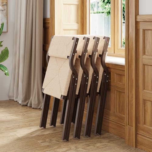 Wood Folding Chairs, Foldable Chairs Wooden Indoor Stackable Dining Chairs for Kitchen & Dining Room Chair Woven Seat & Webbing Back, Dining Chair Set of 2 - color: Light Walnut/Natural, Woven Rope