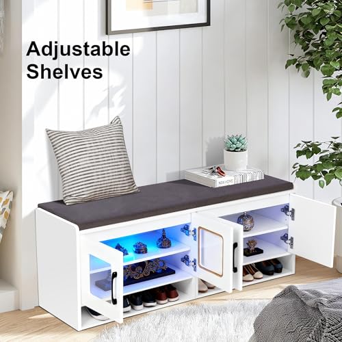 Shoe Bench with Thickened Cushion,Entrance Bench with Glass Door and Ambient Light,Three-Layer Shoe Rack,Color Changing Light Strip, Two Large Storage Spaces,Living Room,Bedroom,White