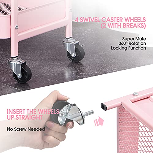 TOOLF 3-Tier Rolling Cart, Metal Utility Storage Cart with DIY Pegboards, Art Craft Trolley with Baskets Hooks, Organizer Serving Cart Easy Assemble for Office, Home, Kitchen, Classroom (Pink) - color: Pink