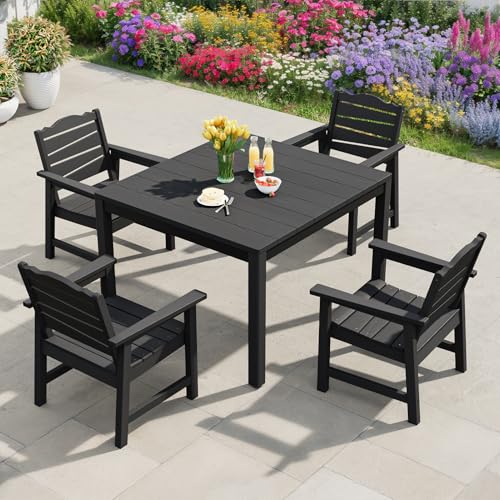 Outdoor Dining Table, Weatherproof 34" Square HIPS Patio Dining Table for 4, with 2" Umbrella Hole, Outdoor Table for Backyard Deck Poolside, Black - size: 34" table