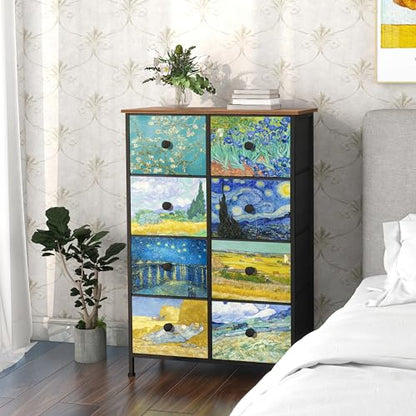 EXOTICA Tall Dresser with 8 Drawer for Bedroom Narrow Van Gogh Chest of Drawers for Hallway Closet Living Room Steel Frame Rustic Brown Wood Grain Wood Top - size: 26.6"D x 11.8"W x 39.4"H (8 Drawers)