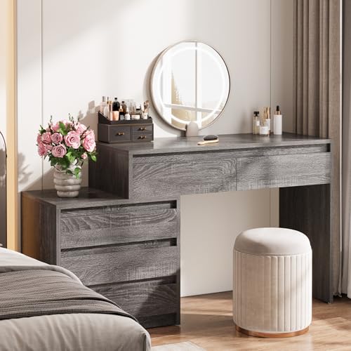 Tribesigns 63" Vanity Desk with 5 Drawers, Makeup Table with 3-Drawer Cabinet, Modern Large Dressing Table for Women Girl, with Storage, Wooden Writing Desk for Bedroom/Home Office (Gray) - color: Grey