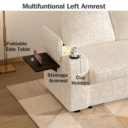 Vipbear 65" Loveseat Sleeper Sofa with Pull Out Bed, Chenille 3-in-1 Convertible Sofa Bed with Reclining Backrest|USB Ports|Cup Holders|Side Table|Storage Armrests, Tool Free Assembly, Beige - color: Beige
