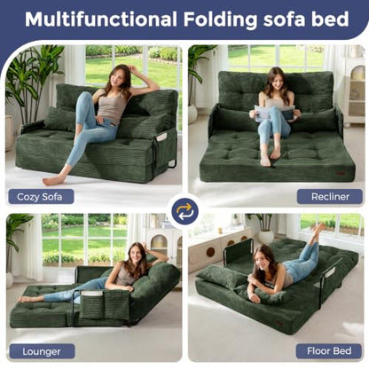 MAXYOYO Adjustable Folding Sofa Bed Couch with 2 Pillows, Dark Green | Multi-Functional Bean Bag Bed, 5-Position Foldable Lazy Floor Sofa Bed with Armrest, Versatile Floor Seating for Reading - color: Dark Green