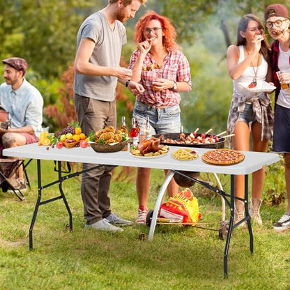 6FT Folding Table, Heavy Duty Plastic Table Portable Fold-in-Half Utility Table Indoor Outdoor Picnic Table w/Handle & Lock for Camping BBQ Party Wedding Market Events, 500LBS - size: 6 FT