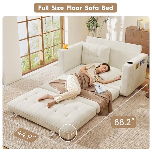 55" Convertible Folding Sofa Bed, Pull Out Couch Love Seat Sleeper Bed, Small Fold Out Loveseat sleeper with Cup Holder and Pillow for Small Space, Bedroom Lounge, Dorm, Living Room(Beige Chenille) - color: Beige