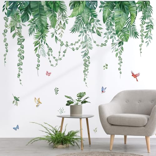 wondever Green Tropical Leaves Wall Decals Palm Leaf Plants Wall Stickers | Peel and Stick, Removable, Wall Art Decals, Wall Decoration, Living Room Bedroom, Office Sofa TV Home Wall Decor - style: Green Leaves