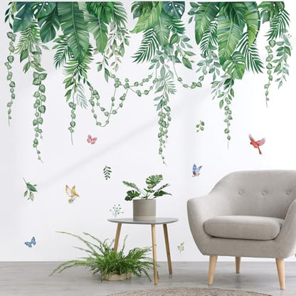 wondever Green Tropical Leaves Wall Decals Palm Leaf Plants Wall Stickers | Peel and Stick, Removable, Wall Art Decals, Wall Decoration, Living Room Bedroom, Office Sofa TV Home Wall Decor - style: Green Leaves