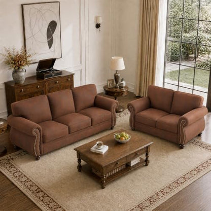 88" W Living Room Furniture Sets, 3-Seater&Loveseat, Caramel Rust | Faux Leather Fabric Sofa and Couch Sets, Mid-Century Sofa Set with Nailhead Trim - color: Caramel Rust, size: M-5 seat