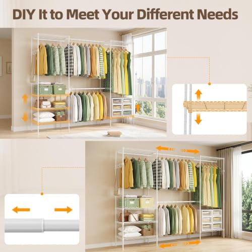 Expandable Clothes Rack, 15.7" D x (70.9"-90.6") W x 76.8" H, White | Freestanding Wire Garment Clothing Rack with 4 Hanging Rods, Max Load 1000lbs, Adjustable, Heavy Duty - color: White
