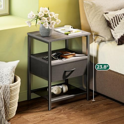 Huuger Night Stand with Fabric Drawer, Side Table with Mesh Shelf, Bedroom Nightstand, Fabric Drawer Dresser, Open Shelf, Metal Frame, Couch Side, Charcoal Gray | Bedroom Nightstand, Fabric Drawer Dresser, Open Shelf, Metal Frame, Couch Side, Charcoal Gra