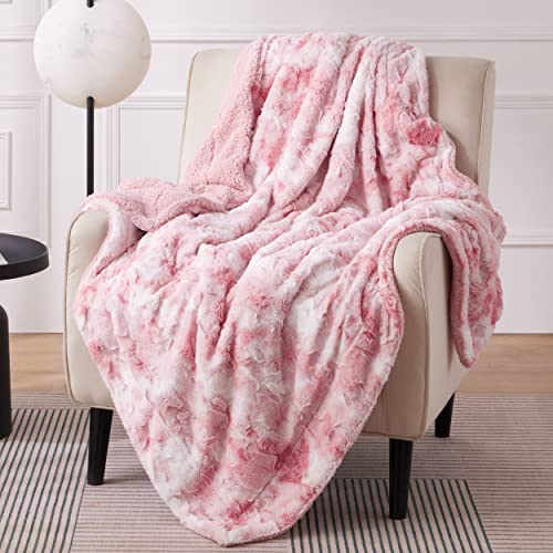 Bedsure GentleSoft Sherpa Fluffy Throw Blanket - Fleece Warm and Cozy Throw for Women Gift, Plush & Fuzzy Faux Christmas Fur Blanket for Couch, Sofa, Bed Decor, Tie Dye Design, Pink, 50x60 Inches - color: 04 - Pink, size: Throw (50" x 60")