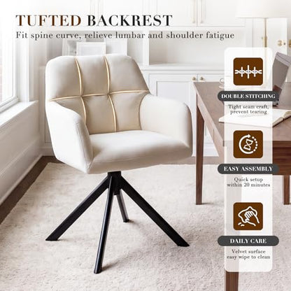 EALSON Comfy Velvet Desk Chair Modern Computer Task Chair no Wheels Swivel Accent Chair with Mid Back Arm Chair for Living Room/Bedroom/Home Office(Beige) - color: White