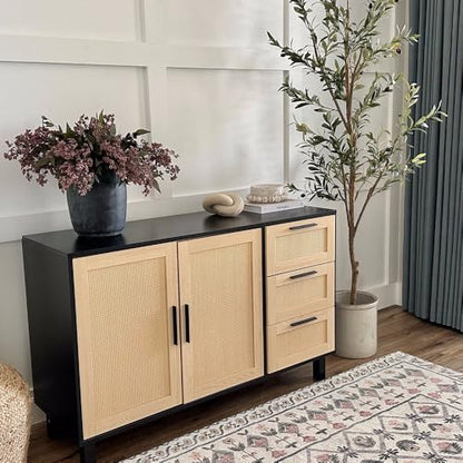PHI VILLA Black Rattan Cabinet with Doors, Buffet Sideboard Cabinet with Drawers, 2 Door Storage Cabinets - color: Rattan 2