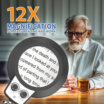 HITTI 12X Magnifying Glass with Light, 2026 Infinite Color and Stepless Dimming Desk Large Lamp & Clamp,2-in-1 LED Hands Free Lighted Magnifier for Craft Hobby Soldering(12X Square Base & Clamp) - size: 12X Square Base & Clamp