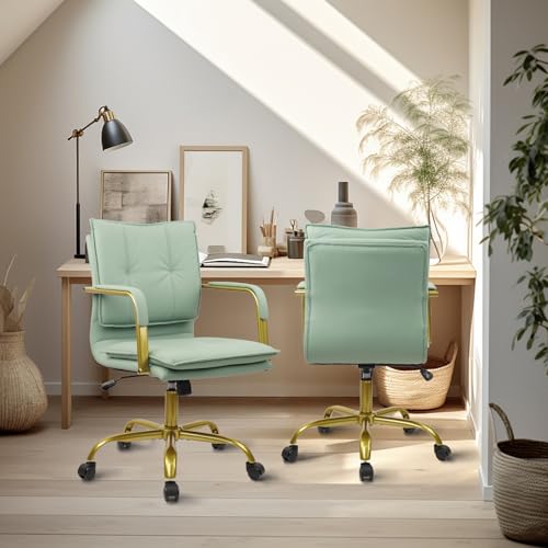 CLATINA Leather Home Office Desk Chairs, Swivel Mid-Back Computer Chair with Golden Legs and Arms, Comfy Upholstered Task Chair with Wheels, Green - color: Green