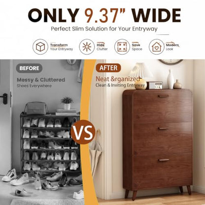 3 Tier Slim Shoe Cabinet with Flip Drawers, Entryway Shoe Storage | Store 18-24 pairs of shoes with flip drawers and adjustable shelves for narrow entryways, apartments and small spaces.