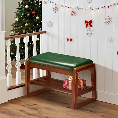 Solid Wood Shoe Rack, Entryway Shoe Bench with Cushion, 2 Tier Shoes Organizer for Entryway, Hallway, Living Room-(Green,21.65"-S) - color: Green, size: 21.65" length