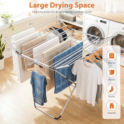 Tangkula Collapsible X-Shaped Freestanding Clothes Drying Rack | Sturdy Aluminum Frame | 2 Foldable Wings & 14 Drying Poles | Space-Saving | for Laundry Room, Balcony, Patio