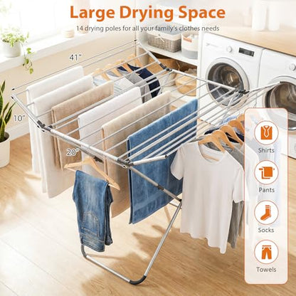 Tangkula Collapsible X-Shaped Freestanding Clothes Drying Rack | Sturdy Aluminum Frame | 2 Foldable Wings & 14 Drying Poles | Space-Saving | for Laundry Room, Balcony, Patio