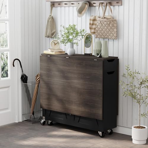 Folding Dining Table for 2-6, Easy Assembly, Dark Brown+Black | 52.7" Folding Dining Table with 6 Wheels, Drop Leaf Table with Drawers, Shelves and Wine Rack for Small Spaces - color: Dark Brown