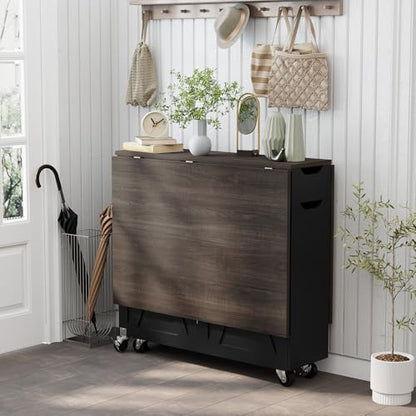 Folding Dining Table for 2-6, Easy Assembly, Dark Brown+Black | 52.7" Folding Dining Table with 6 Wheels, Drop Leaf Table with Drawers, Shelves and Wine Rack for Small Spaces - color: Dark Brown