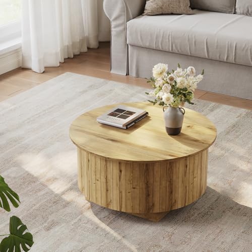 kepptory Round Lift Top Coffee Table with LED Lights, Mid Century Modern Wooden Coffee Tables with 3 Storage Space, Circle Center Table for Living Rooms,Dining Room,Bedroom Home Office,APP LED Lights - color: Natual