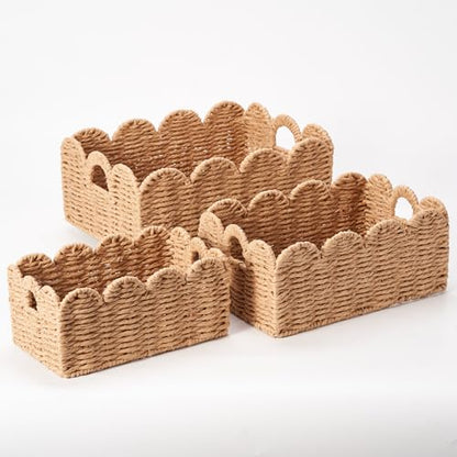 Scalloped Wicker Baskets Set of 3, Hand-Woven Storage with Handles | set of 3 tan scalloped baskets with handles. Hand-woven paper rope for shelves, bathroom or closet. Stackable, sturdy. - color: Tan