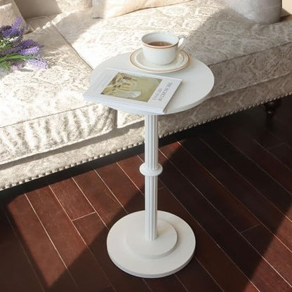 MaxSmeo Drink Table, Small Side Table for Small Spaces, Modern Round End Table with Fluted Wood Leg, White - color: White