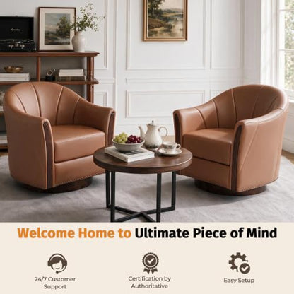 360° Swivel Accent Chair, Faux Leather Swivel Barrel Chairs | Nailhead Trim & Wood Base, Round Armchair Club Chair, Modern Reading Chairs for Living Room (BX01, Wood Brown) - color: Wood Brown