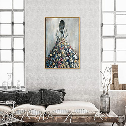 Oliver Gal Girl with Flower Thoughts Canvas Print Wall Art for Living Room, Bedroom, and Bathroom, 30" x 45", Gold Floater Frame - color: Gold Floater Frame, size: 45"L x 30"W