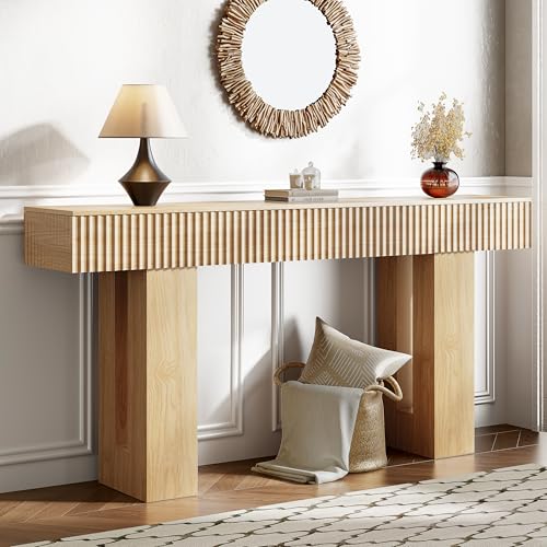 63-Inch Long Entryway Console Table with a Fluted Design, Thick Wood Farmhouse Sofa Table Behind Couch, Narrow Hallway Accent Table for Living Room, Foyer, Entrance, Natural Oak - color: Natural Oak, size: 63 Inch
