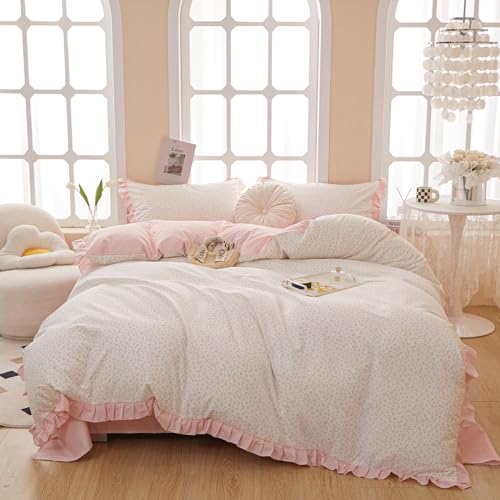 Pink Floral Full Duvet Cover Pink Ruffle Coquette Comforter Cover Full Size Cotton Boho Aesthetic Cute Duvet Cover Set with 4 Corner Ties Soft Bedding Set Striped Duvet Protector - color: A Ruffle Floral01, size: Full(Duvet Cover and 2 Pillows Sham)
