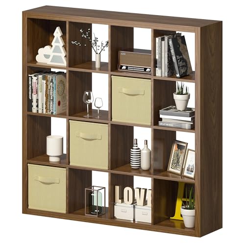 Bookshelf with Storage Bins, 16-Cube Storage Organizer Sturdy Wooden Cube Bookcase Horizontal Bookshelf with Storage, Furniture for Living Room Bedroom Office, Classic Oak - color: Classic Oak, size: 16 cube
