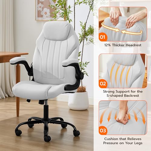 Ylzyxal Office Desk Chair, Ergonomic Computer Chair with Padded Flip-Up Arms and Adjustable Lumbar Support, PU Leather Executive Chair with Tilt Lock and 360° Swivel Rolling Wheels for Work, Study - color: White
