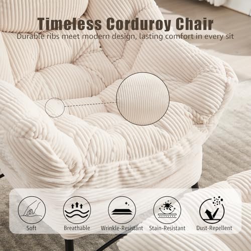 Lazy Chair with Ottoman, Modern Skinny Lounge Chair with Footrest | Foldable Footrest, Padded & Backrest with Side Pocket, Comfy Accent Reading Chair for Living Room & Small Spaces, White - color: White