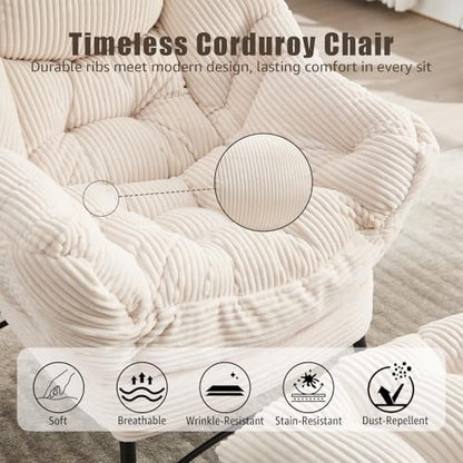 Lazy Chair with Ottoman, Modern Skinny Lounge Chair with Footrest | Foldable Footrest, Padded & Backrest with Side Pocket, Comfy Accent Reading Chair for Living Room & Small Spaces, White - color: White