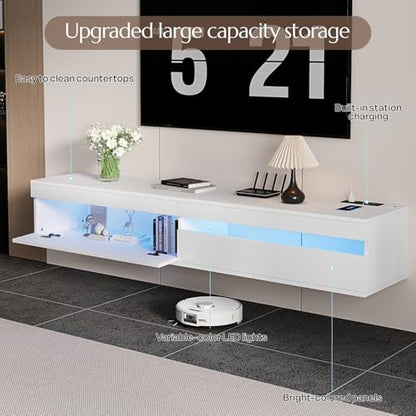 Solid Wood Floating TV Stand-Wall Mounted TV Shelf with Led Lights & Power Outlet, 71" Modern Entertainment Center Media Console with Storage, High Gloss TV Cabinet for 65/75/80 inch TV,White - color: Snow White