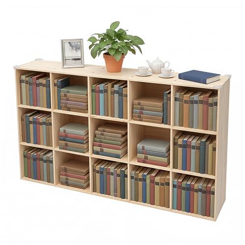 15 Cube Storage Organizer, Solid Wood Bookshelf with Back Panel, Floor Standing Open Bookcase, Vertical or Horizontal Shelf Unit for Living Room Office (59.1" L x 11.8" W x 35.4" H) - size: 15-Cube