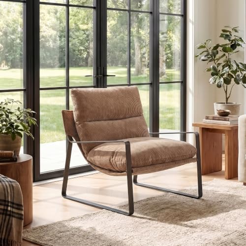 1-Pack Modern Accent Chair, Linen Living Room Chair, Khaki | Comfy Armchairs, Upholstered Lounge Armchair, Removable Seat Cushion, Bronze Metal Frame, For Reading Room, Bedroom, Balcony - color: Khaki-bronze Legs, size: 1PC